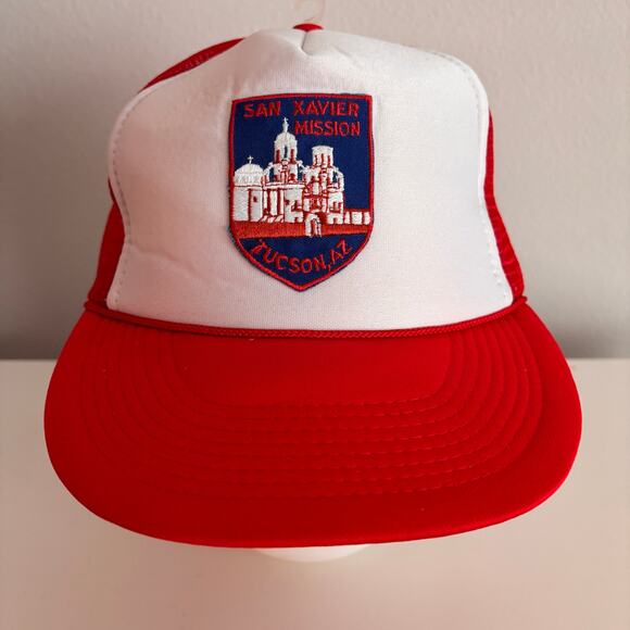 Vtg 80s SAN XAVIER MISSION Trucker Hat Red White Mesh Cap NOS Tucson AZ Church - Picture 2 of 9